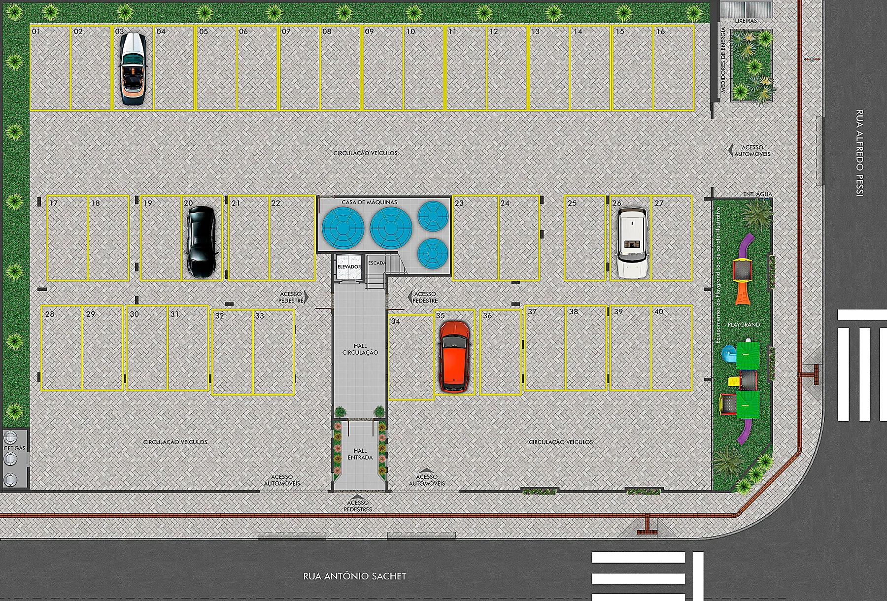Implantação do térreo e das garagens